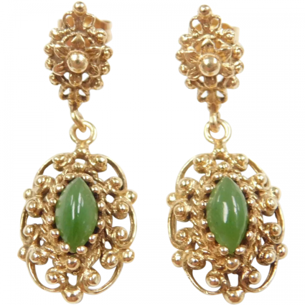 Victorian Revival Jade Ornate Dangle Earrings 14k Gold