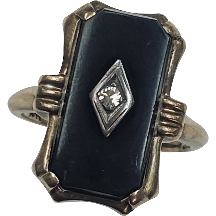 Victorian Revival Onyx Ring 10K Rose and White Gold