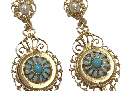 Victorian Revival Ornate Dangle Earrings Persian Turquoise Cultured Pearl and 14K Gold