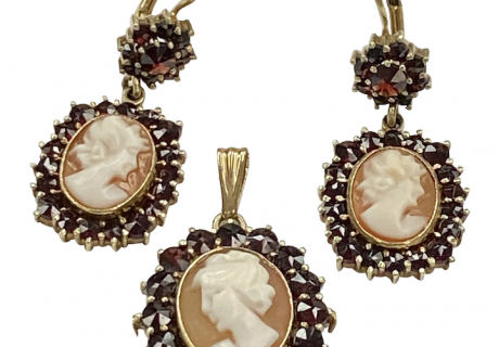 Victorian Revival Pendant and Earring Set Bohemian Garnet and Cameo 14K Gold