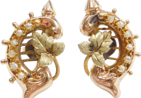 Victorian Seed Pearl Leaf Stud Earrings 14k Gold
