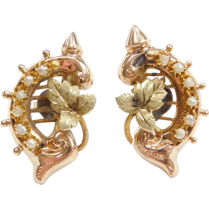 Victorian Seed Pearl Leaf Stud Earrings 14k Gold