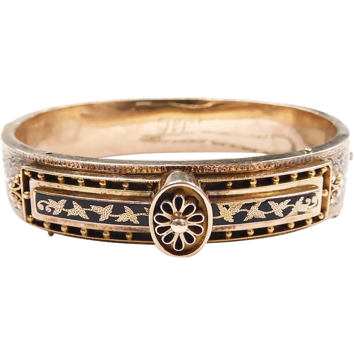 Victorian Taille d’Epargne Hinged Bangle Bracelet 14k Yellow Gold