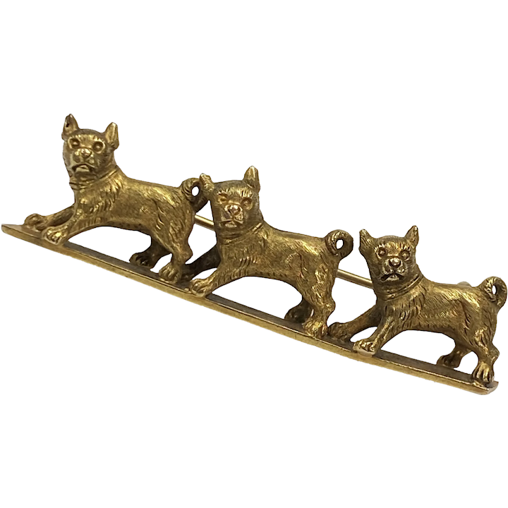 Victorian Three Dog Brooch Pin 14K Gold, Pug or Frenchie