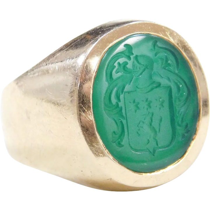 Vintage 14k Gold Carved Chrysoprase Intaglio English Crest Wax Seal Ring