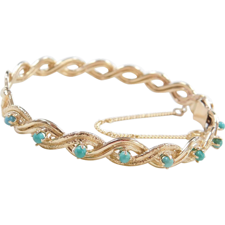 Vintage 14k Gold Turquoise Bangle Bracelet Solid Hinged Design