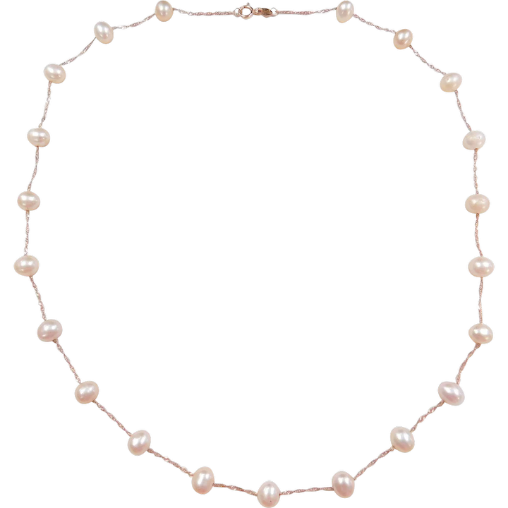 Vintage 14k ROSE Gold Pink Cultured Pearl Station Necklace ~ 18″