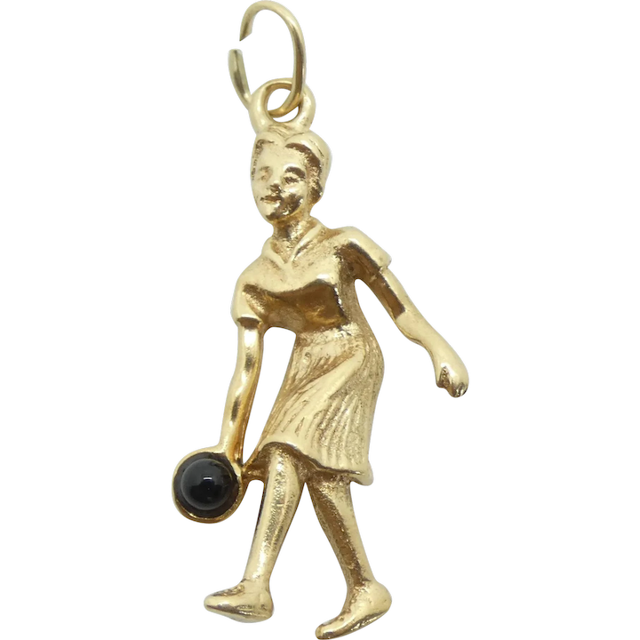 Vintage 2D Woman Bowling Pendant 14k Yellow Gold