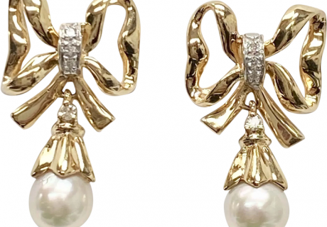 Vintage BOW Dangle Earrings 14K Gold Cultured Pearl & Diamond