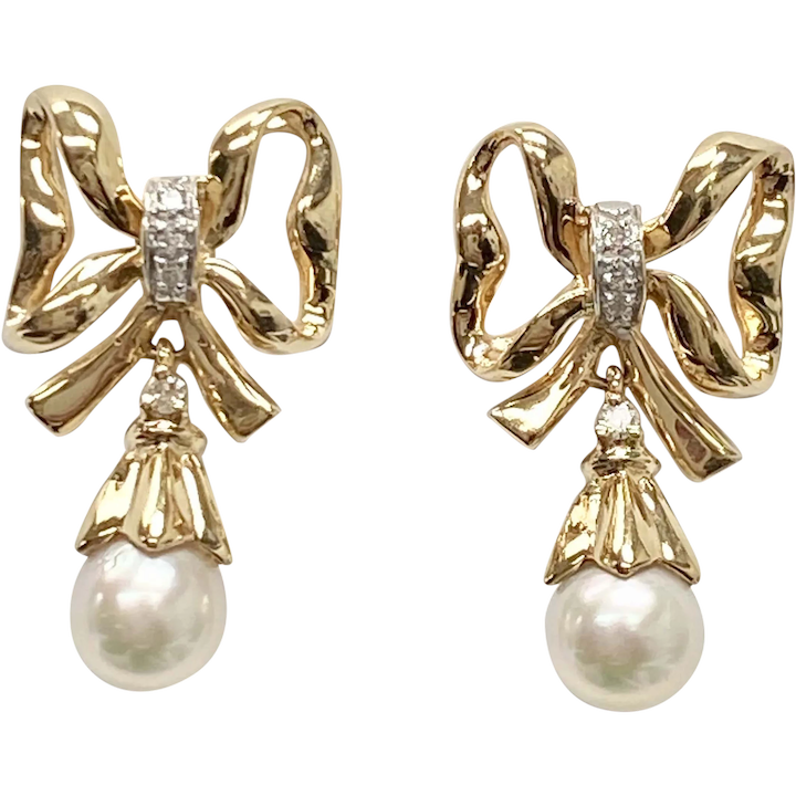Vintage BOW Dangle Earrings Cultured Pearl & Diamond