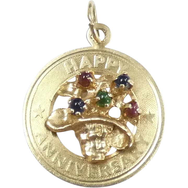 Vintage Basket of Flowers “Happy Birthday” Pendant / Charm in 14K Yellow Gold