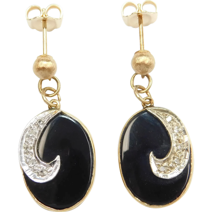 Vintage Black Onyx and Diamond .05 ctw Dangle Earrings 14k Two-Tone