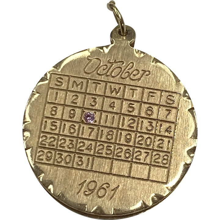 Vintage Calendar Charm October 1961 14K Gold and Pink Tourmaline