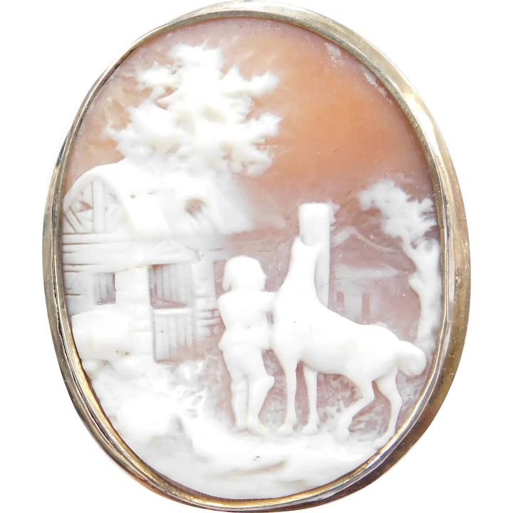 Vintage Carved Shell Cameo Scene in 9k Gold Frame ~ Pin / Brooches / Pendants