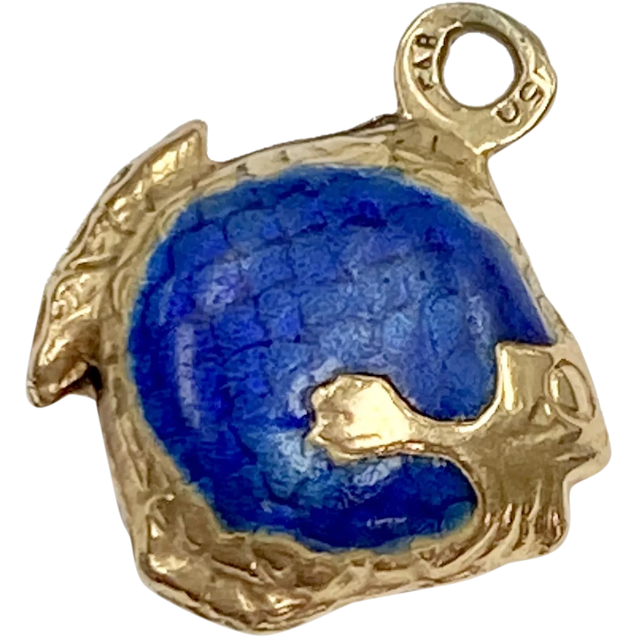 Vintage Cobalt Blue Enameled FISH Charm 18K Gold, Three-Dimensional
