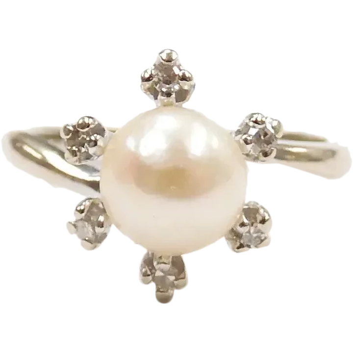 Vintage Cultured Pearl and Diamond .06 ctw Flower Burst Ring