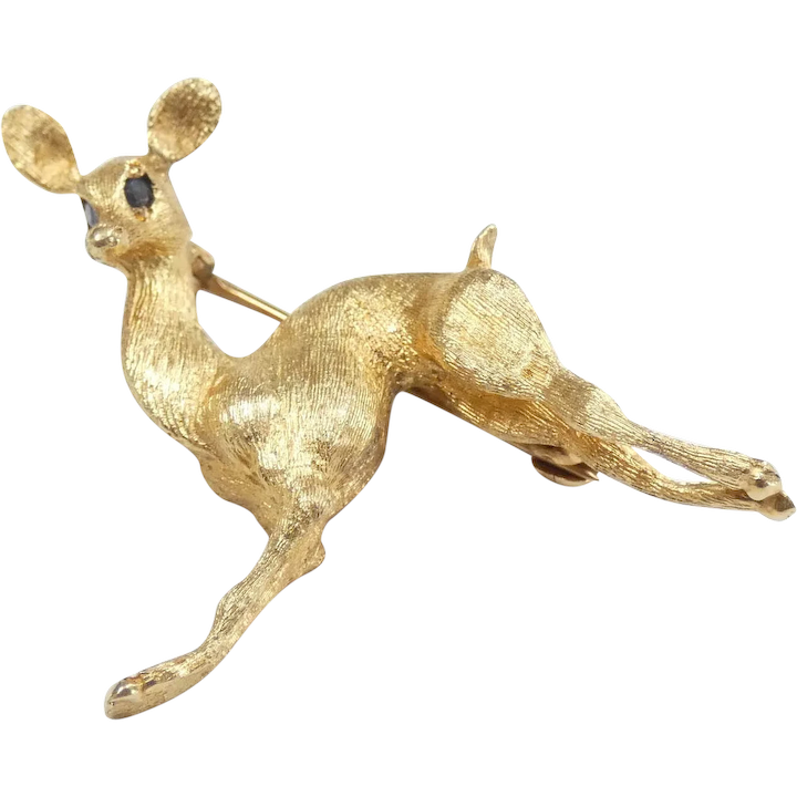 Vintage Deer / Fawn Pin with Sapphire Accents 14k Yellow Gold