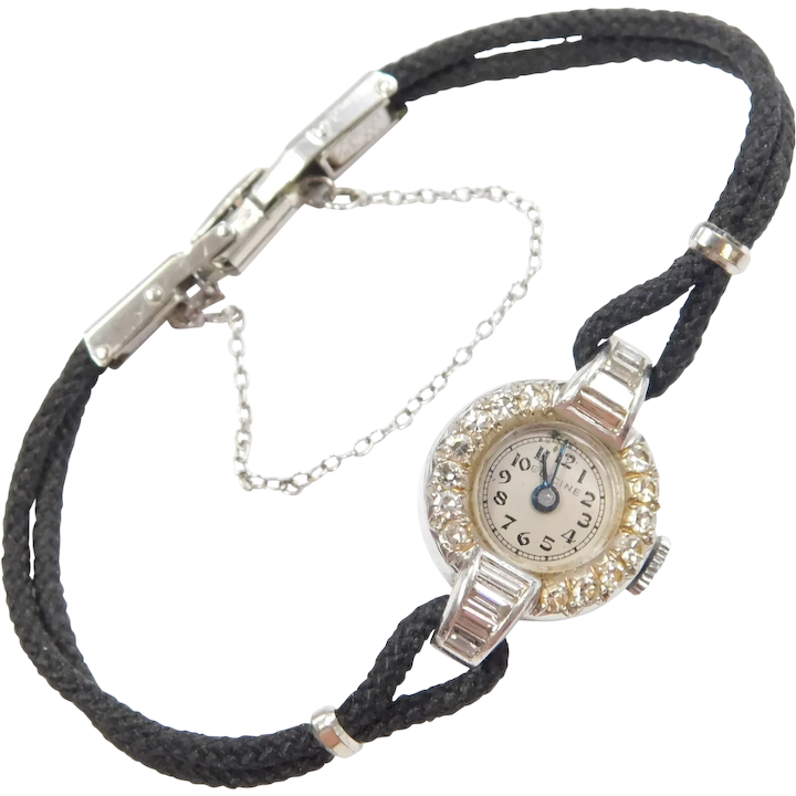Vintage Diamond .71 ctw Ladies Watch 14k White Gold Wristwatch with Black Strap
