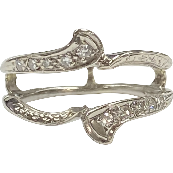 Vintage Diamond Ring Guard 14K White Gold, Negative Space Bohemian