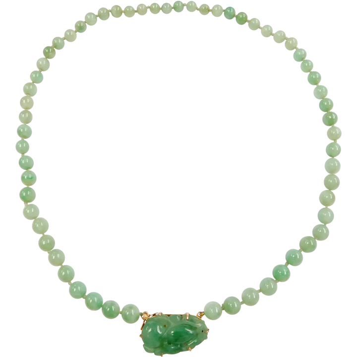 Vintage Green Jade Beaded Necklace with Carving 14k Gold