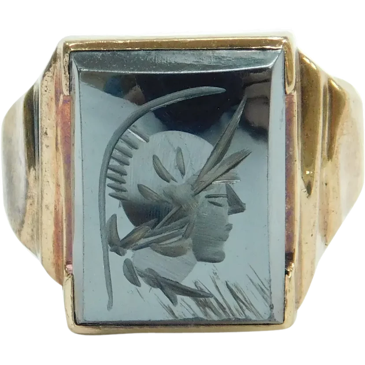 Vintage Hematite Roman Soldier Intaglio Ring 10k Gold