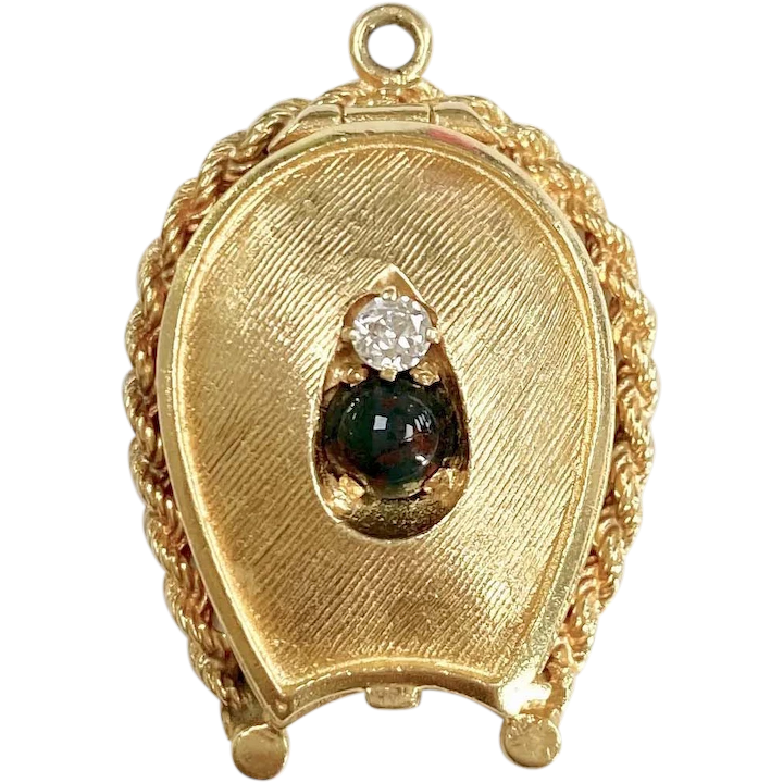 Vintage Horseshoe Locket Pendant 14K Gold Diamond & Bloodstone