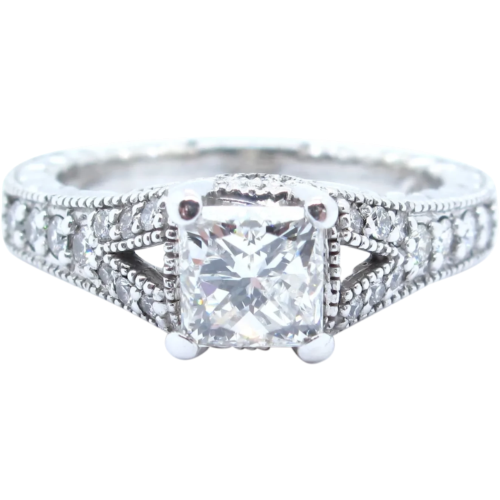 Vintage Inspired 1.21 ctw Princess Diamond Engagement Ring 14k White Gold