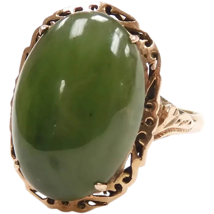 Vintage Jade Ornate Halo Ring 18k Yellow Gold
