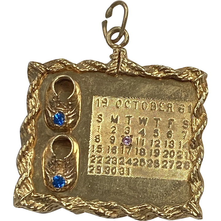 Vintage Jeweled Calendar with Baby Shoes Vintage Charm 14K Gold