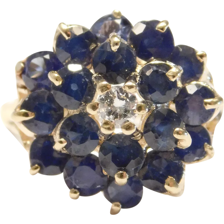 Vintage Natural Sapphire and Diamond 3.04 ctw Cluster Ring 14k Gold