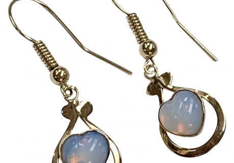 Vintage Opalescent Heart Dangle Earrings 14K Gold