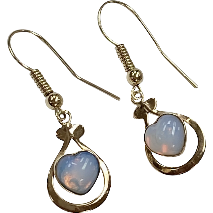Vintage Opalescent Heart Dangle Earrings 14K Gold