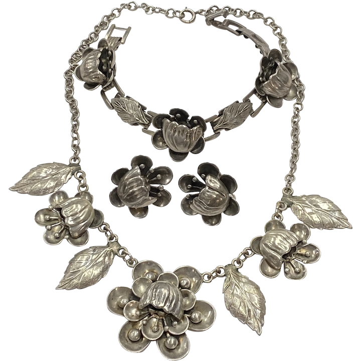 Vintage Parure Set Sterling Silver Necklace, Bracelet and Screw-Back Earrings