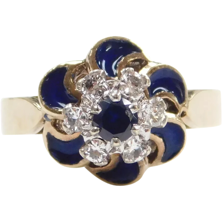 Vintage Retro Sapphire and Diamond Blue Enamel Swirl Ring Two-Tone