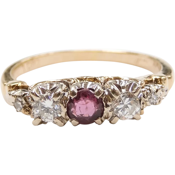Vintage Ruby and Diamond .55 ctw Ornate Ring 14k Yellow and White Gold Two-Tone