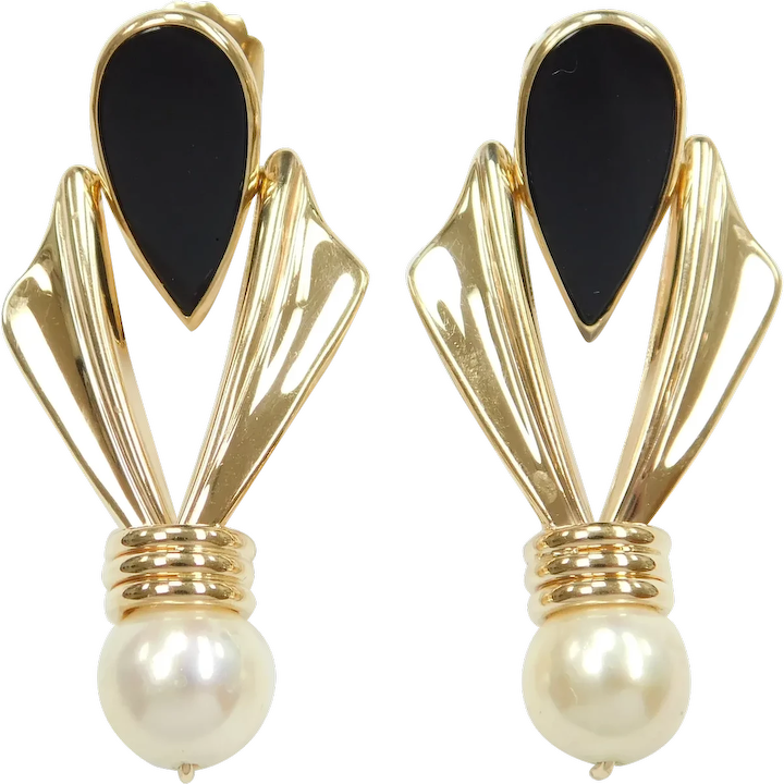 Vintage Statement Black Onyx and Cultured Pearl Door Knocker Earrings 14k Gold