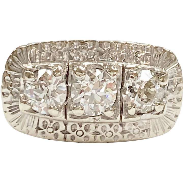 Vintage Three Diamond Ring 1.22 Carat tw 14K White Gold