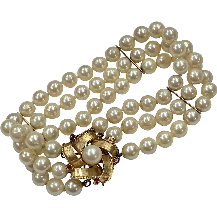 Buy Vintage Triple Strand Cultured Pearl Bracelet 14K Gold and