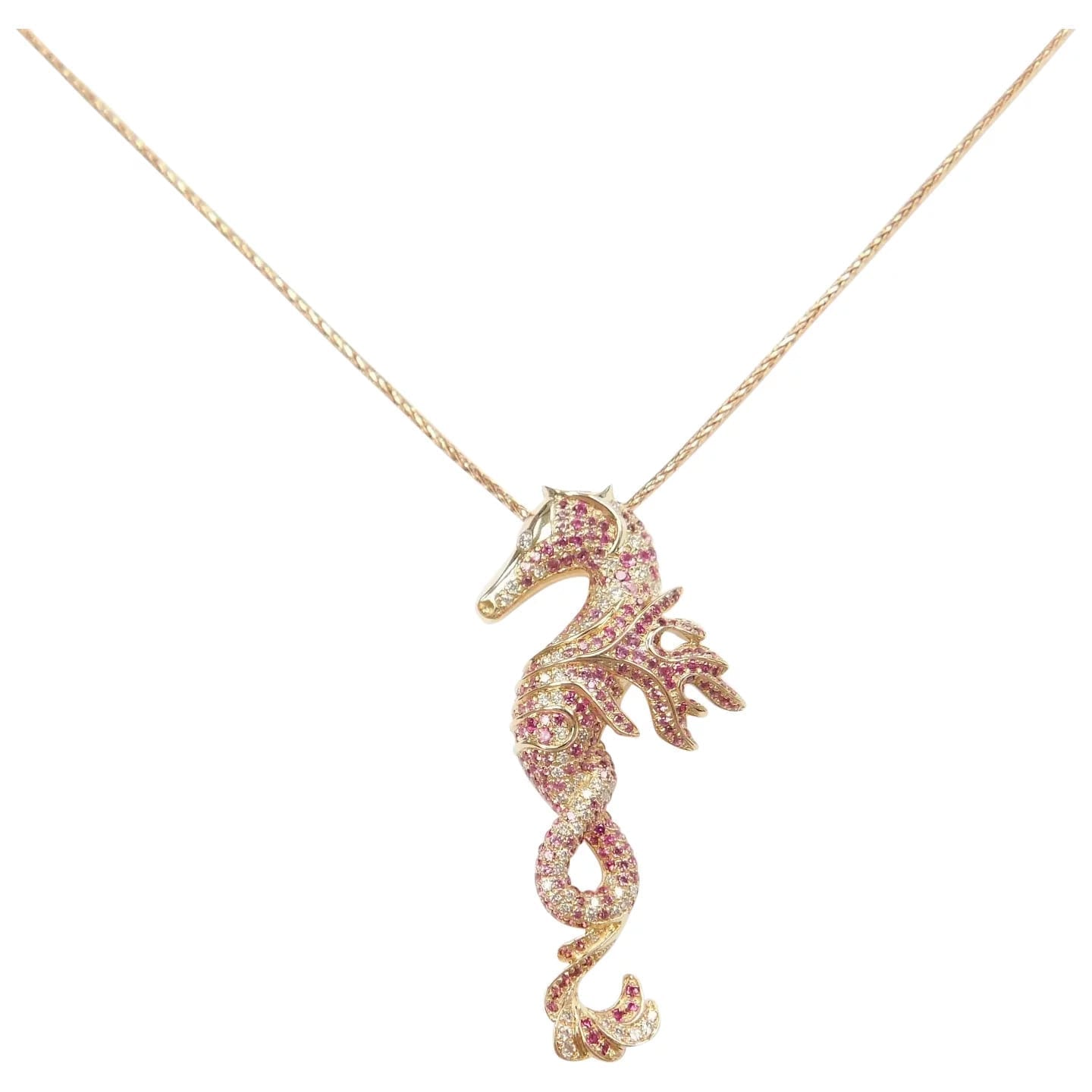 Custom Ruby and Diamond Seahorse Pendant with Chain 14k Gold