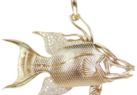 Big Custom 14k Gold .56 ctw Diamond and Ruby Hogfish Pendant