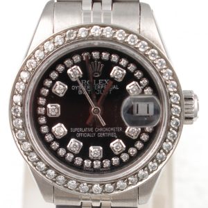 Pre-Owned 1980 Ladies Stainless Datejust Watch With Black Diamond String Dial And Diamond Bezel Model#6917 face view
