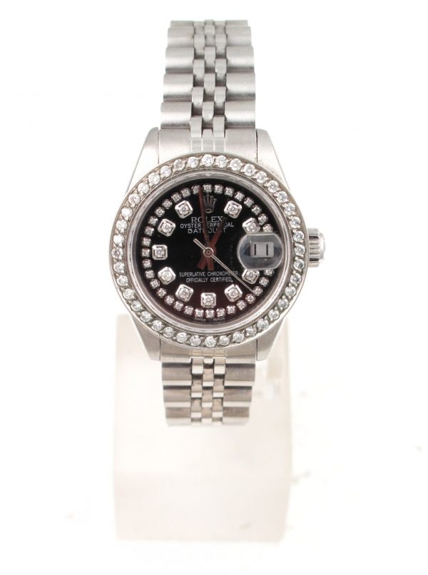 Pre-Owned 1980 Ladies Stainless Datejust Watch With Black Diamond String Dial And Diamond Bezel Model#6917 front view