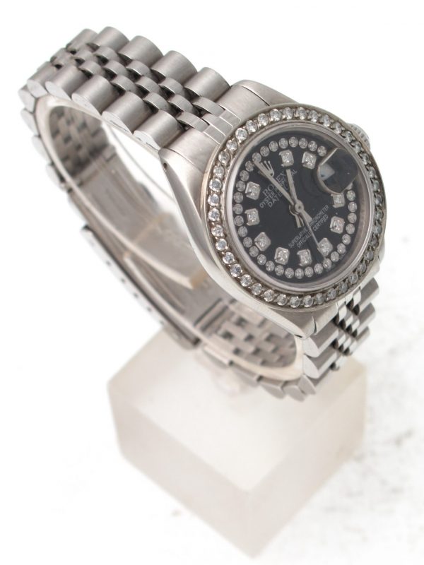 Pre-Owned 1980 Ladies Stainless Datejust Watch With Black Diamond String Dial And Diamond Bezel Model#6917 left side