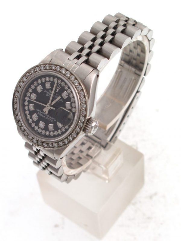 Pre-Owned 1980 Ladies Stainless Datejust Watch With Black Diamond String Dial And Diamond Bezel Model#6917 right view