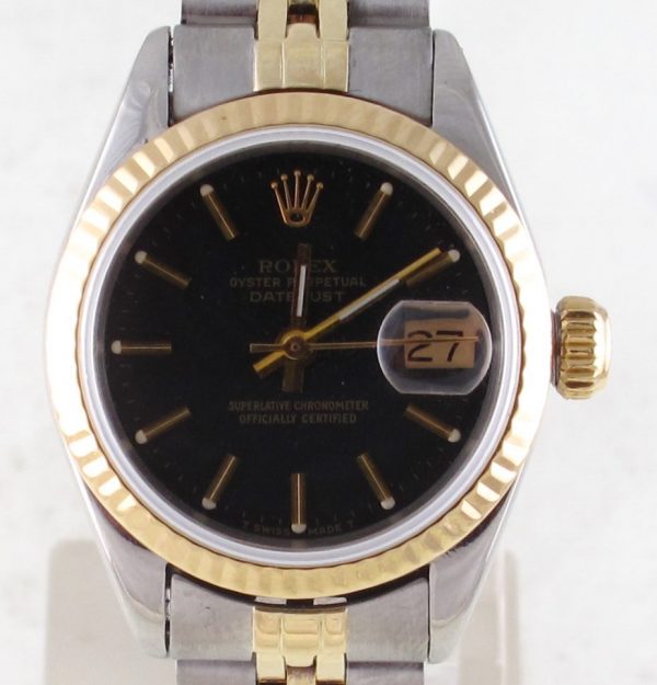 Pre-Owned Rolex 1971 Ladies Two Tone Gold Datejust 26MM Watch With Black Dial And Fluted Bezel Model#6916
