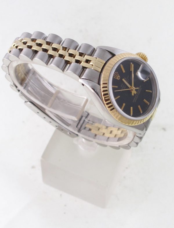 Pre-Owned Rolex 1971 Ladies Two Tone Gold Datejust 26MM Watch With Black Dial And Fluted Bezel Model#6916 Left View