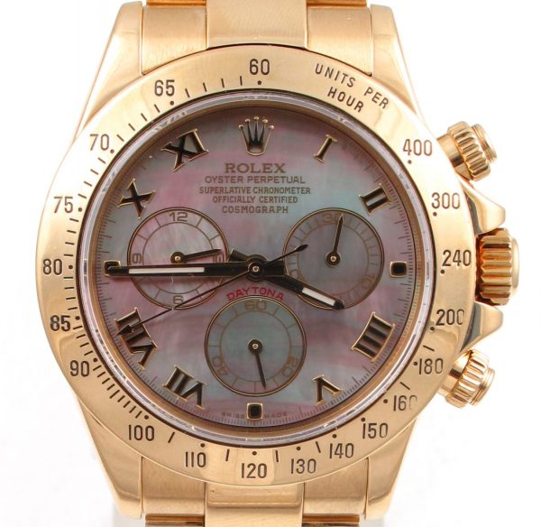 Pre-Owned 2001 Yellow Gold Rolex Daytona 40MM Watch With Rare Tahitian Mother Of Pearl Roman Dial With Oyster Band Model# 116528 face view