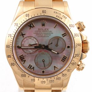 Pre-Owned 2001 Yellow Gold Rolex Daytona 40MM Watch With Rare Tahitian Mother Of Pearl Roman Dial With Oyster Band Model# 116528 face view