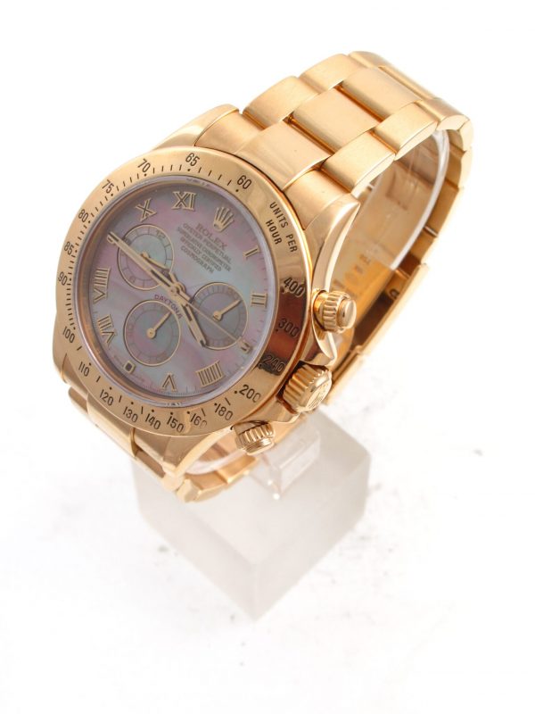 Pre-Owned 2001 Yellow Gold Rolex Daytona 40MM Watch With Rare Tahitian Mother Of Pearl Roman Dial With Oyster Band Model# 116528 right view