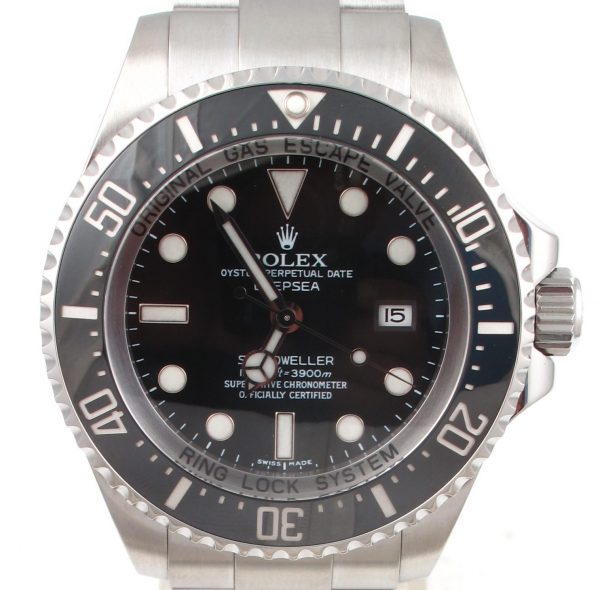 Pre-Owned Rolex DeepSea Sea-Dweller 2010 Stainless Steel Watch With MK1 Black Index Dial And Black Ceramic Bezel With Glide Lock Oyster Band Model# 116660 close face